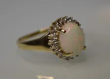 Vintage Opal & Diamond Halo Ring 10k White Gold Size 7 NATURAL Oval Cabochon