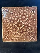 #16 Antique Art Tile Trent ?,Trenton NJ 4-1/4” Flowers Scrolls Periwinkles 1800s