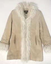 Vintage Penny Lane Coat Suede Fur Trim M Petite Beige Boho Y2K 70s Embroidered