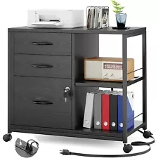 3 Drawer File Cabinet with Charging Ports Locking Drawers Rolling Lateral Black