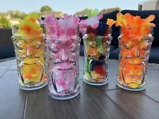 4 Anchor Hocking Glass Screaming Tiki Glasses - Tiki Time Any Time! W/ 4 Lei’s!