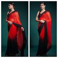 Stunning Ombre Shaded Red Black Georgette Saree Embroidery Sequins Work Blouse