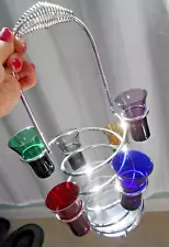 SIX Colored Double Shot Glasses w/ Chrome Caddie Stand