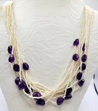 10 Strand Tiny Cultured Pearl Faceted Amethyst Bead 19" Necklace Unsigned