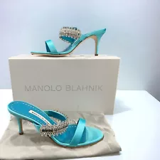 Manolo Blahnik Blue Satin Crystal Baguette Mules Size 7.5 NIB (Retail $1145)