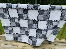 New XL Throw Size Rag Quilt Handmade Cotton Black And White