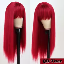 Long Silk Straight Red Hair Wig Heat Resistant Synthetic Wigs Full Bangs Cosplay