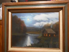 Rare Jesse Barnes Original Oil Painting 1982 Cabins on the River Under Moonlight