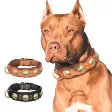 Strong Genuine Leather Dog Collar Wide Padded Heavy Duty for Medium & Large Dogs