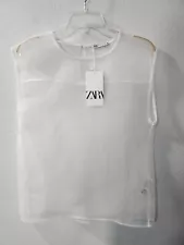 NWT Zara Women's White Sleeveless Crew Neck Sheer Chiffon Blouse (Small)