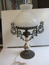 VINTAGE PORCELAIN & BRONZE LARGE HURRICANE OIL ELECTRIC TABLE LAMP 24" TALL