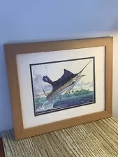 GUY HARVEY FRAMED ART PRINT RED FEATHER JUMPING FISH 11X14 MATTED CLEAN VG