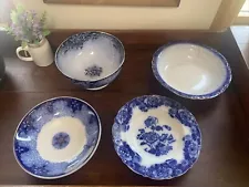 Lot Of 4 Antique Flow Blue Bowls 1800s New Wharf, Royal Bonn, Utzschneider