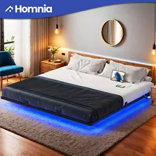 King Size Floating Bed Frame Built In Charging Port LED Lights Metal Platform