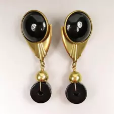 Jan Michaels Antique Brass Huge Black Deco Style Statement Earrings Fabulous!