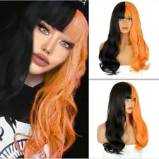 Half Black Orange Wigs With Bangs Two Tones Party Wigs Long Body Wave For Women