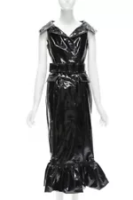 rare HUISHAN ZHANG black shiney vinyl PVC belted flared hem coat dress US2 XS