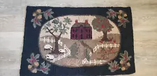 PRIMITIVE HAND HOOKED FOLK ART 1990s RUG BRICK HOUSE FARM SCENE APPLE TREE EXC!