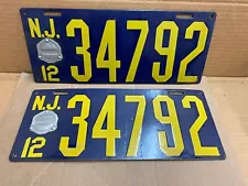 Super Rare 1912 New Old Stock Pair New Jersey License Plates