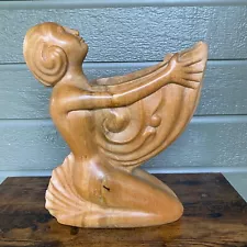 Vintage Hand Carved Wood Art Statue "Mermaid's Passion" Holding Seashell