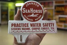 New ListingRARE 1950s JOHNSON MOTORS STAMPED PAINTED METAL TOPPER SIGN SEAHORSE TEXAS BOAT