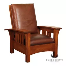 Stickley Mission Collection Oak and Leather Bow Arm Morris Chair