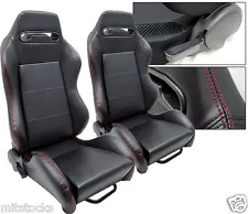 2 BLACK PVC LEATHER + RED STITCH RACING SEATS RECLINABLE + SLIDERS FOR PONTIAC *