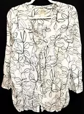 *Cynthia Rowley white leaf print linen button down long sleeve top 1X