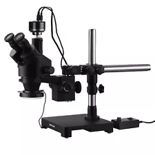 AmScope 7X-135X Trinocular Stereo Zoom Microscope + Boom + LED + HD Camera