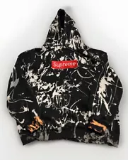 Vintage Supreme Black Hoodie Red Box Logo Bleach Washed Flame Cuffs, Size XXL