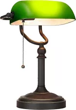 Antique Green Glass Bankers Desk Lamp with Pull Chain Switch Plug in Fixture