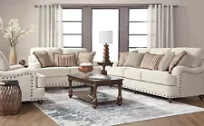 NEW Cream Sofa Loveseat Upholstered Fabric Farmhouse Living Room Set & 8 Pillows