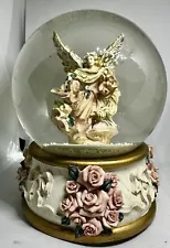 Beautiful Angel Snow Globe Music Box (Carved Roses/Gold colored Base)