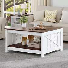 Rustic Square Coffee Table W/ Storage Shelf Farmhouse Cocktail Table Living Room