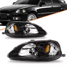 For 1999-2000 Honda Civic EK Black Amber Corner Headlights Assembly Left+Right