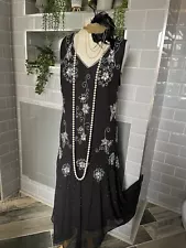 BLACK SEQUINNED 1920S JACQUES VERT MOTHER OF BRIDE DRESS SIZE 20-22 WEDDING