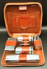 BEAUTIFUL VINTAGE UK SHAVING GROOMING TRAVEL SET LEATHER CASE 12-PARTS c1965 v/g