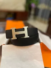 Hermès New Double-sided Men's Leather Belt Black Silver buckle 36/90