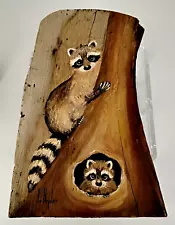 Vintage 1970s rustic driftwood WALL DÉCOR hand-painted RACCOONS signed