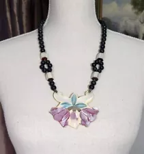 Vintage 22" Large Pink Mother of Pearl Lotus Flower Pendant Bead Necklace