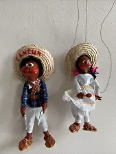 2 Vintage Mexican Marionette Puppets String Dolls Red Cheeks