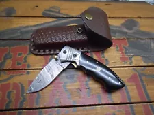 Damascus Folding Knife Liner Lock Plain Edge Blade with Sheath