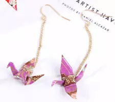 Japanese Style Origami Cranes Shenbazuru Dangly Hook Purple Crane Earrings