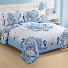 SEAHORSE SHELLS SEASIDE COASTAL NAUTICAL TROPICAL KING SZ QUILT & SHAMS