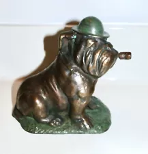 Vintage Cast Bronze BULLDOG w/DERBY HAT, TIE, CIGAR SCULPTURE Statue 6" Tall