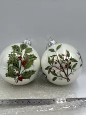 NEW Raz Imports Set Of 2 Glass Ball 4” Holly Ornaments NEW With Tags