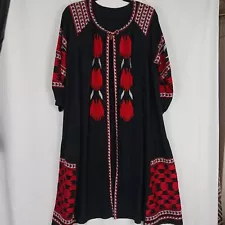 Ukrainian Vyshyvanka Embroidered Linen Dress Boho Style Kaftan one size women's