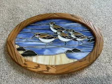 Stained Glass Oval Oak Picture frame Birds Water beach scene Art show 23 X 16