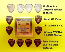 Vintage Martin Guitar Picks #1 Medium gauge .73mm 12-picks in this Clamshell NOS