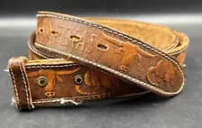 Vintage 1970s Belt Genuine Leather Texas Cowboy Western Rodeo Armadillo Longhorn